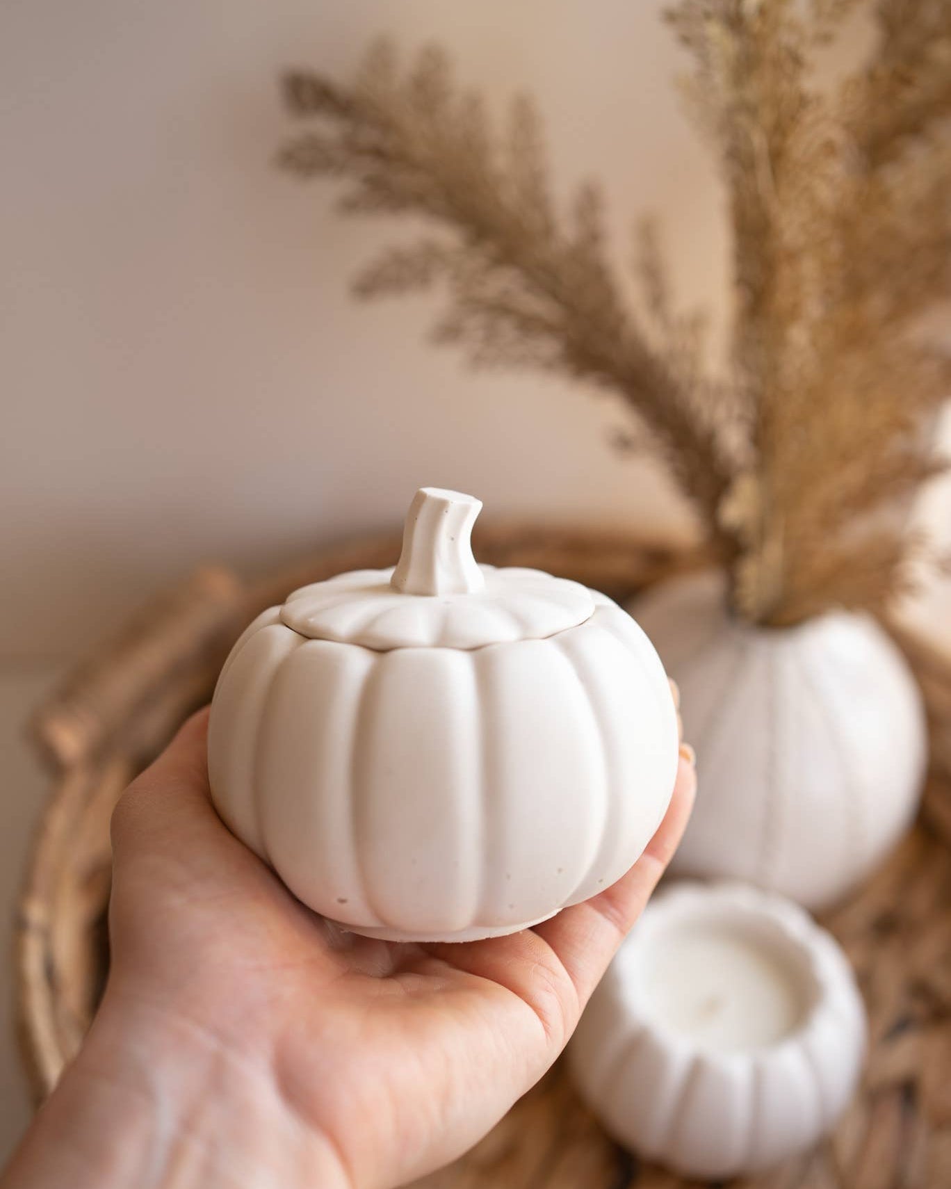 Hand holding a small white pumpkin with decorative elements in the background