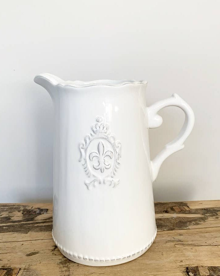 Ceramic White Fleur De Lis Jug - Benny and Mollie