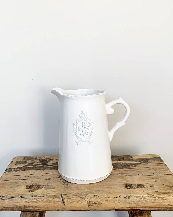 Ceramic White Fleur De Lis Jug - Benny and Mollie