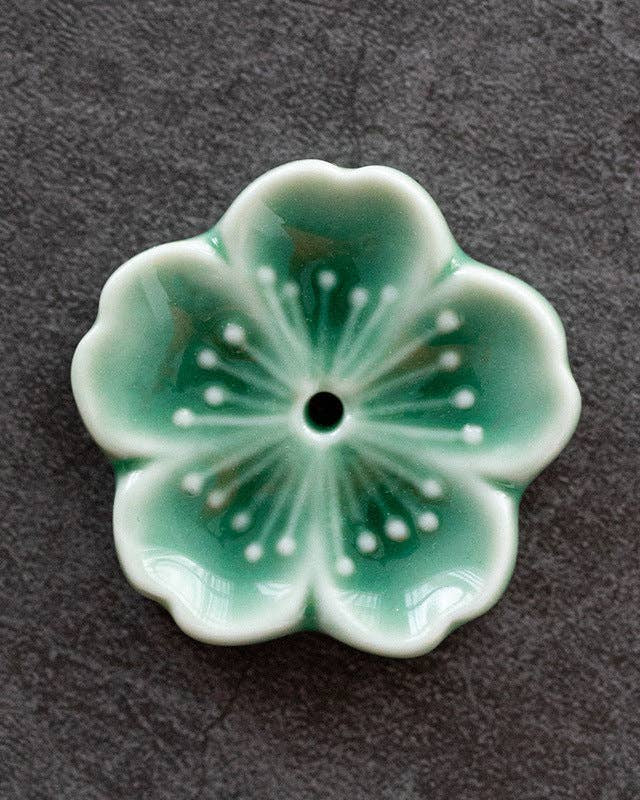 Green Handmade Ceramic Incense Holder - Small Flowers