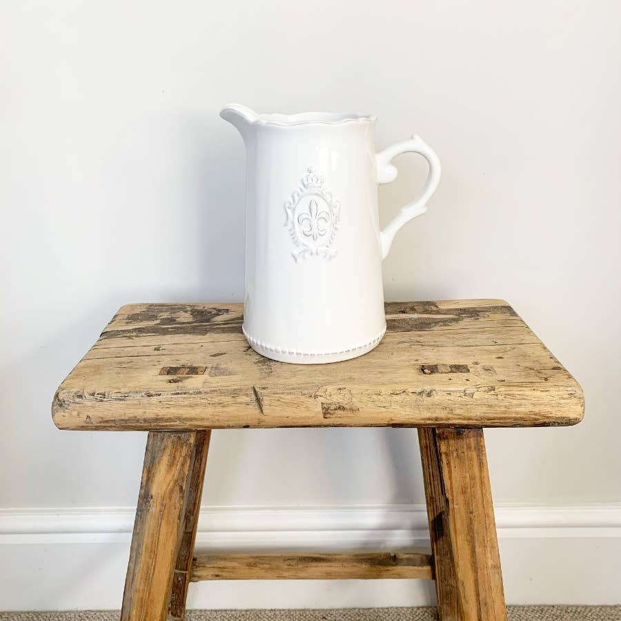 Ceramic White Fleur De Lis Jug - Benny and Mollie