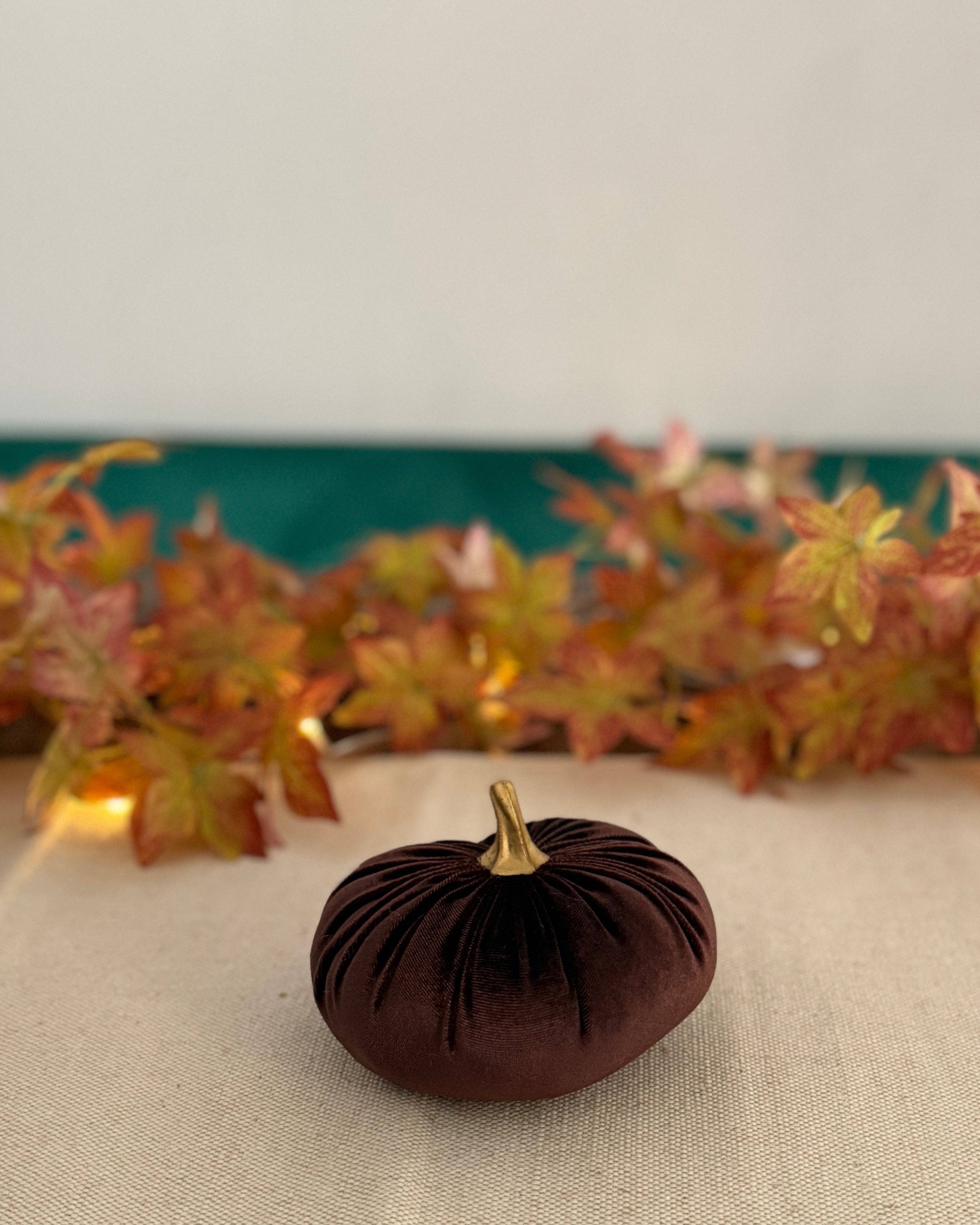 Small brown decorative pumpkin on a table with autumn leaves in the background