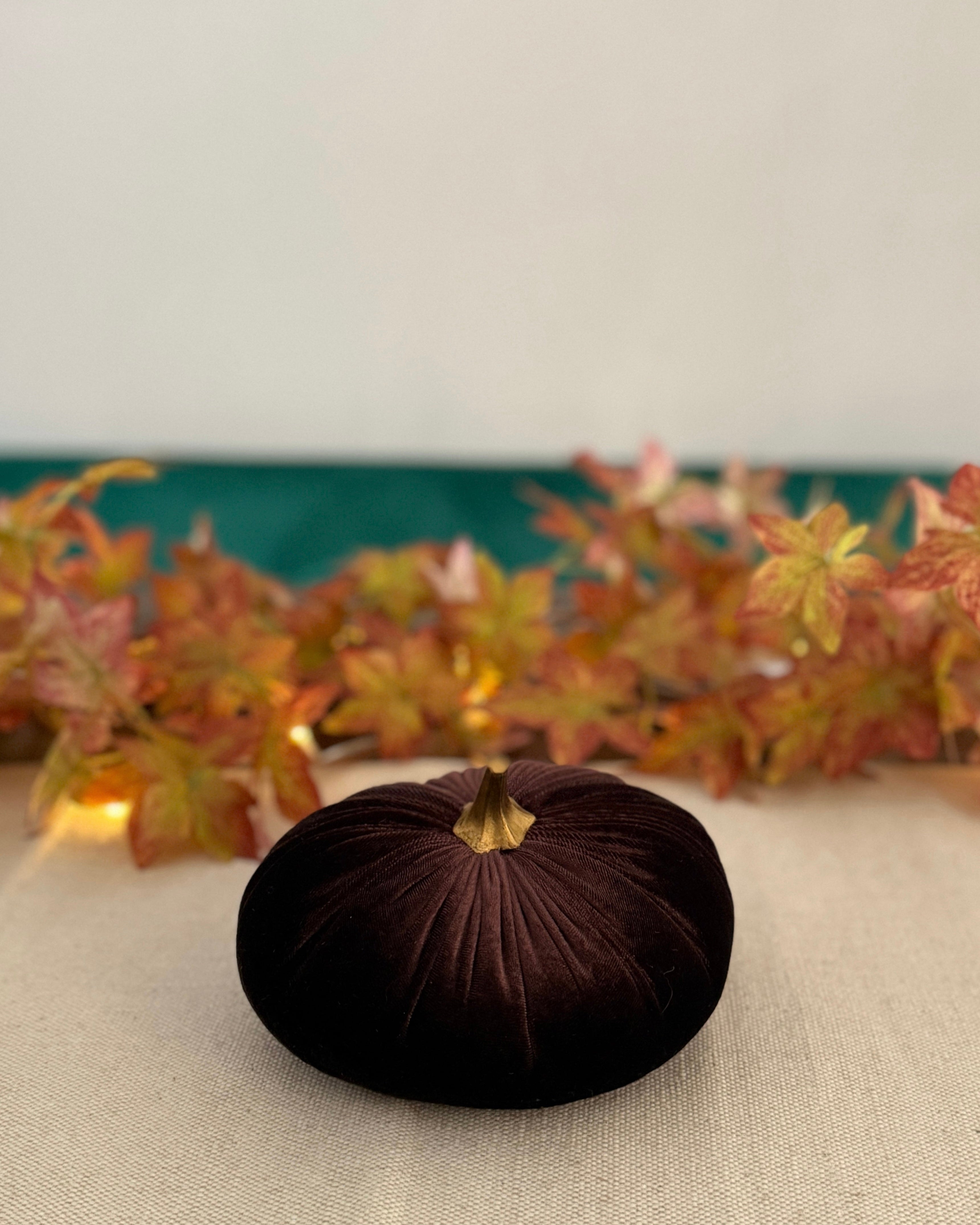 Brown velvet pumpkin on a beige surface with autumn leaves in the background