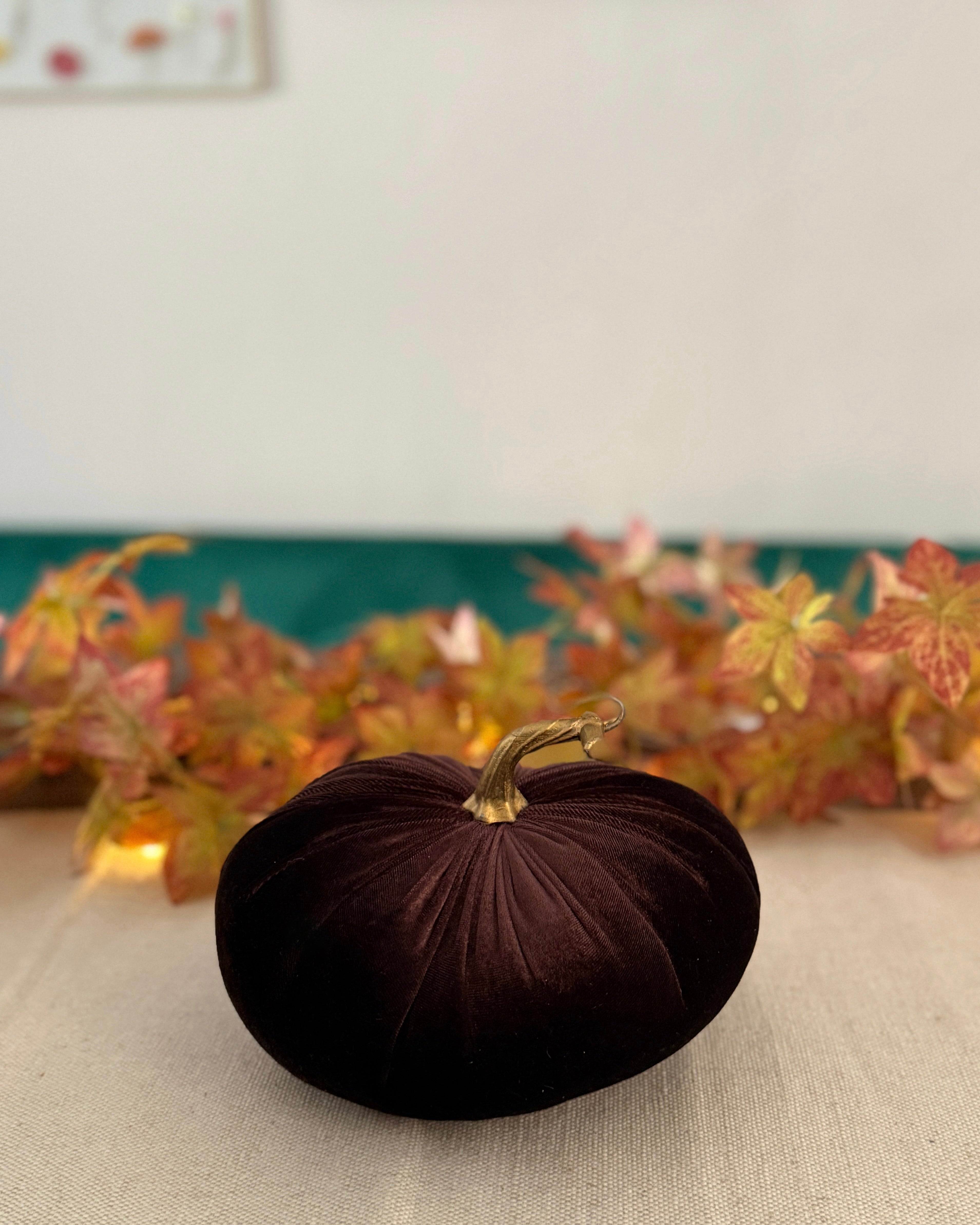 Brown velvet pumpkin on a textured surface with autumn leaves in the background