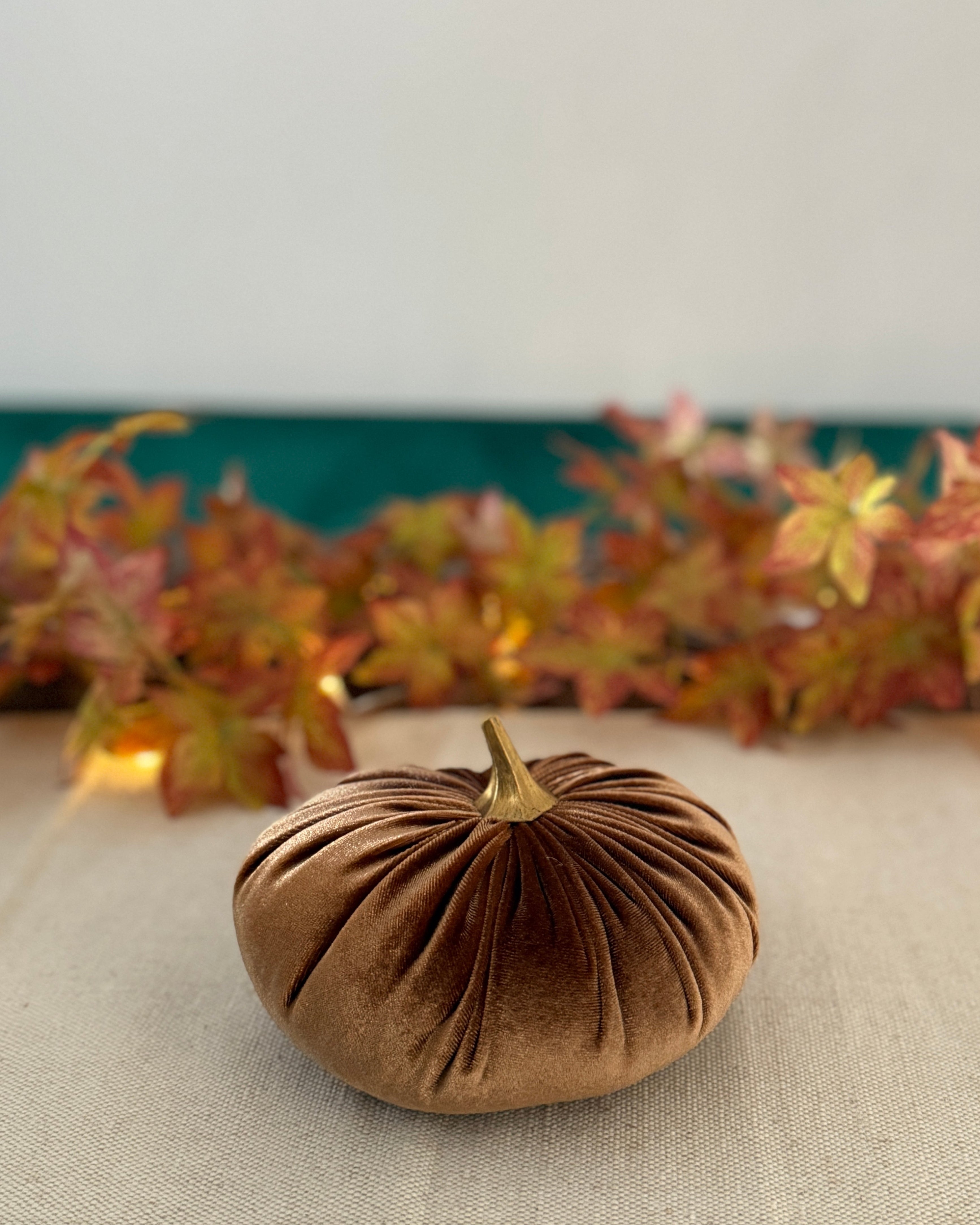 Brown velvet pumpkin on a table with autumn leaves in the background