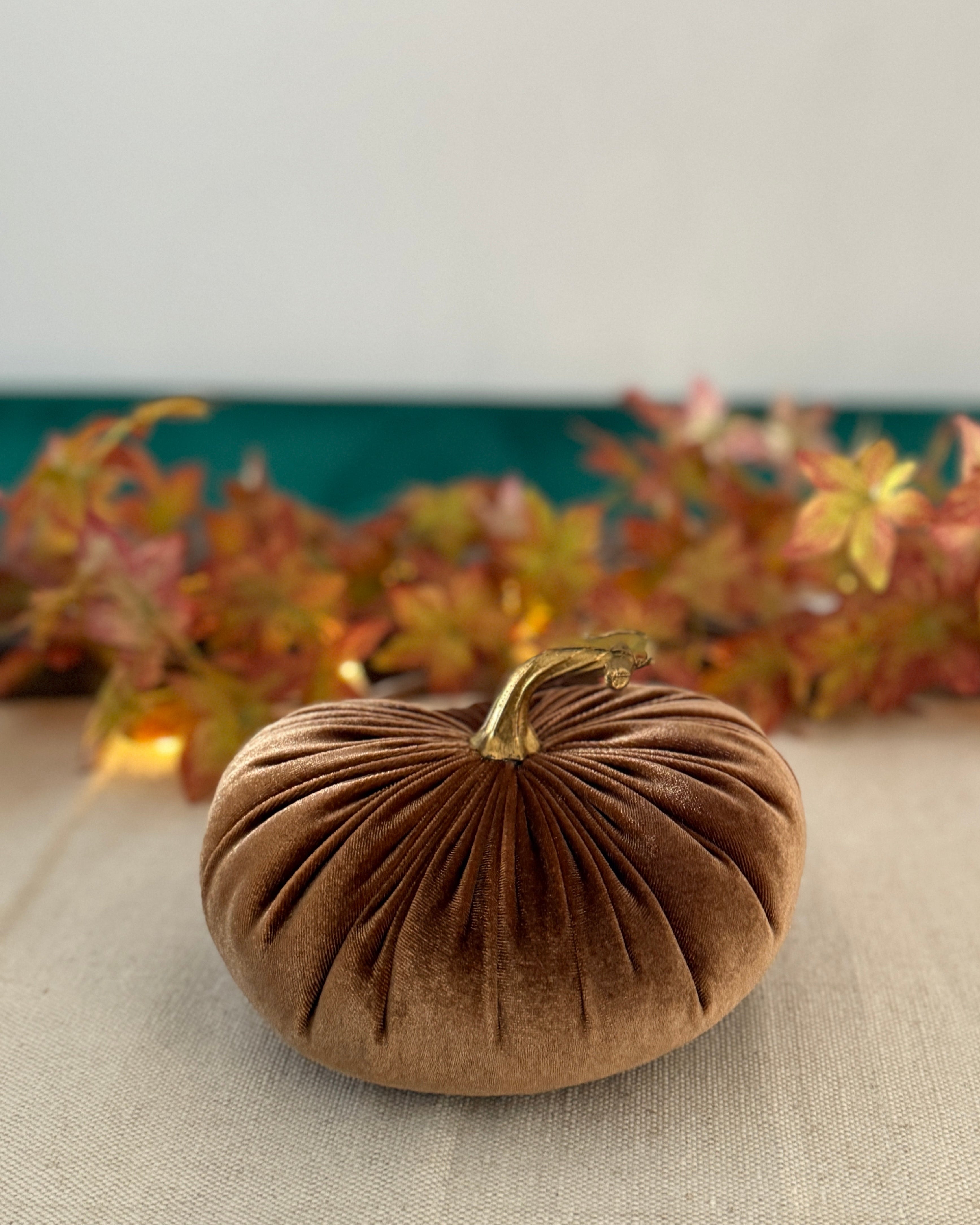 Brown velvet pumpkin on a table with autumn leaves in the background