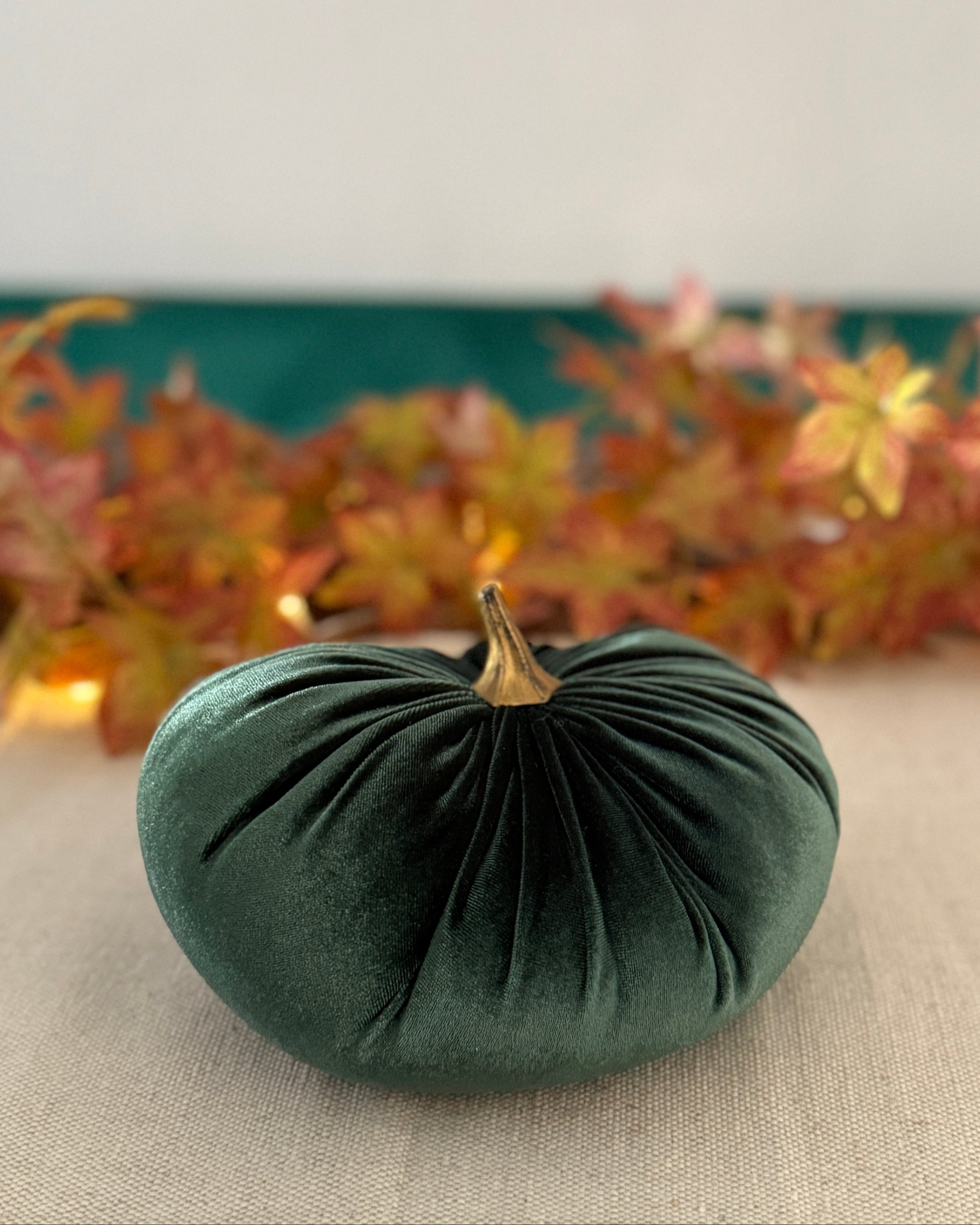 Green velvet pumpkin on a table with autumn leaves in the background