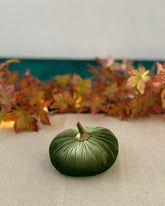 Small green pumpkin on a beige surface with autumn leaves in the background
