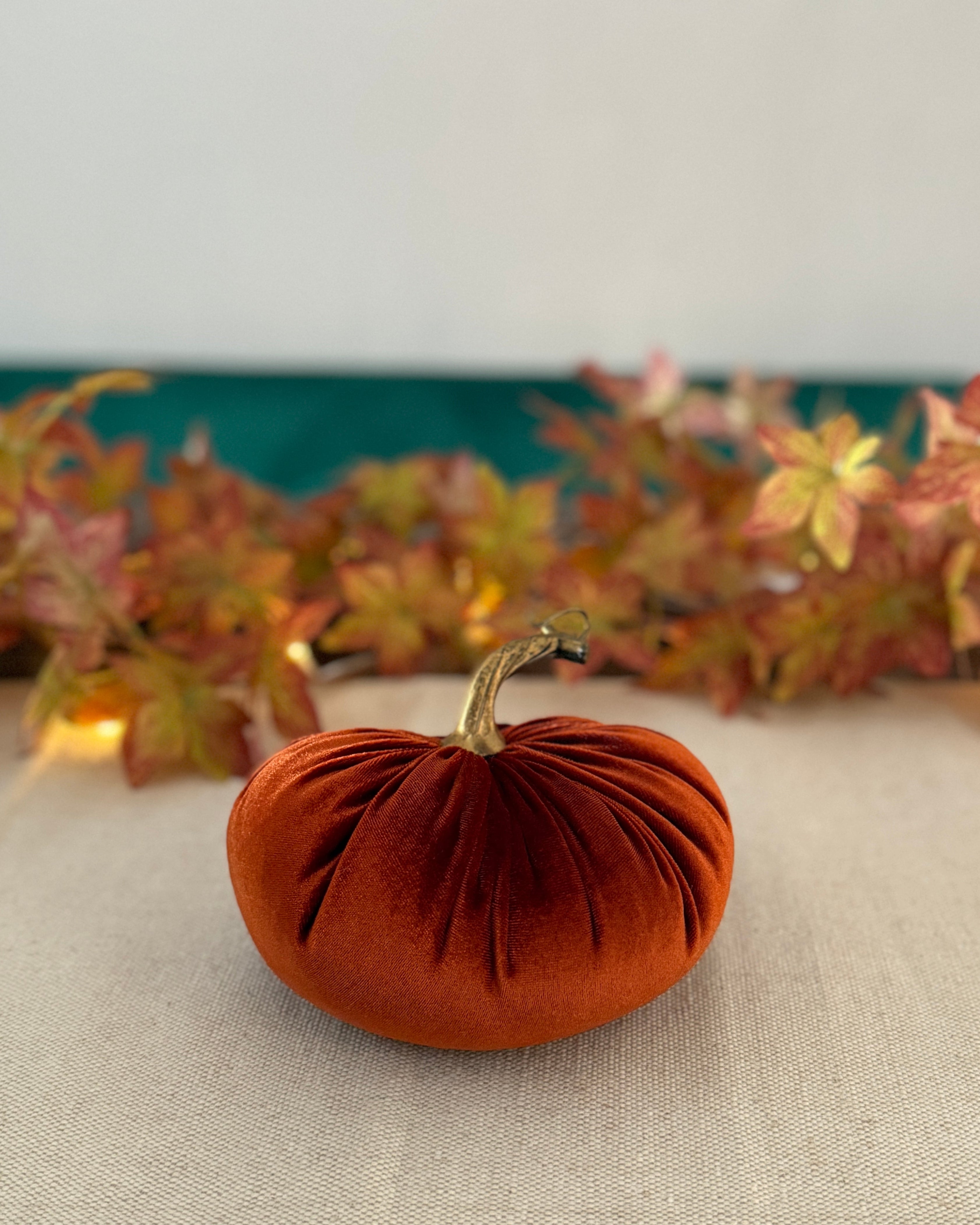 Small orange pumpkin on a table with autumn leaves in the background