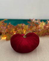 Red decorative pumpkin on a neutral surface with autumn leaves in the background