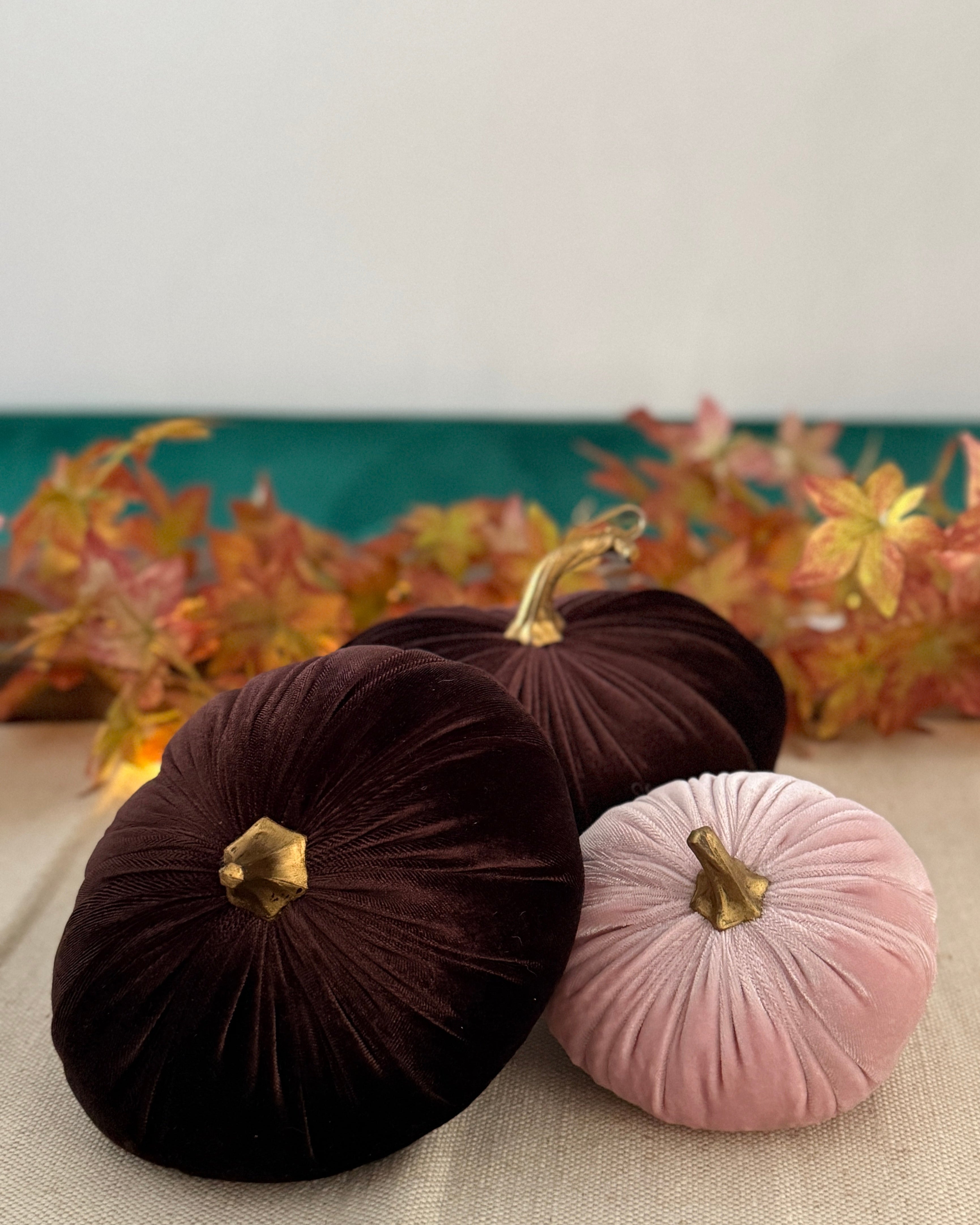 Two velvet pumpkins, one brown and one pink, on a table with autumn leaves in the background.