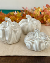 Three ribbed white pumpkins on a textured surface with autumn leaves in the background