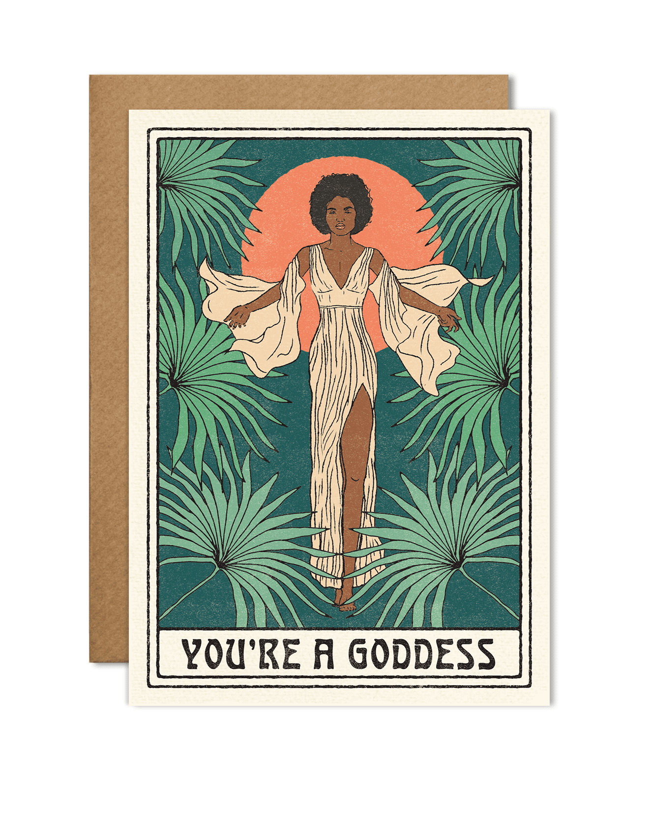 A6 eco-friendly card with an illustration of a strong goddess, palm trees, and a sun in emerald green and orange tones. Ideal for celebrating women on Mother&