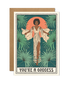 A6 eco-friendly card with an illustration of a strong goddess, palm trees, and a sun in emerald green and orange tones. Ideal for celebrating women on Mother&
