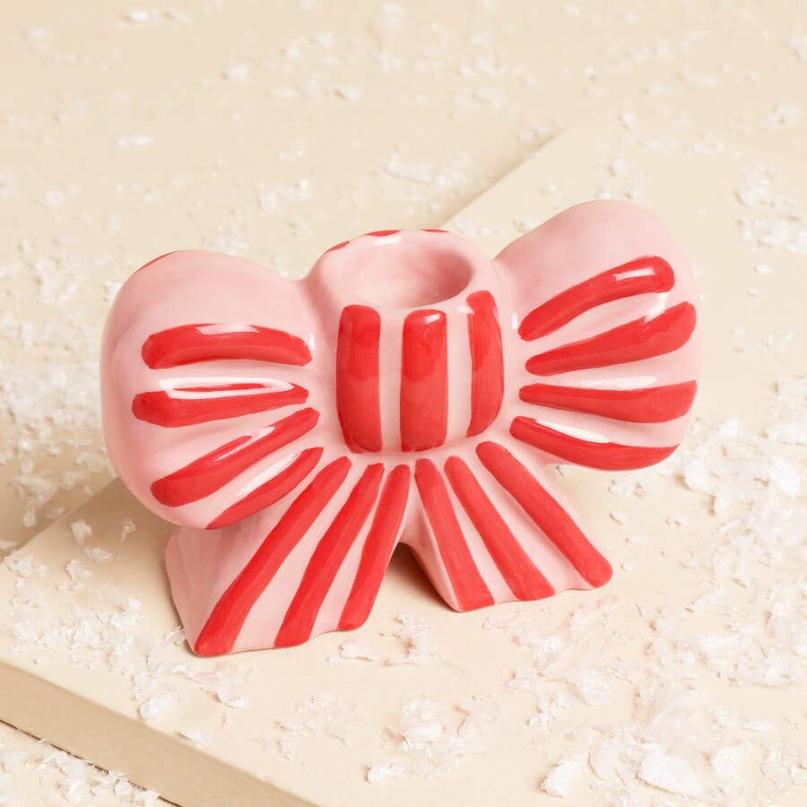 Striped Bow Ceramic Candle Holder