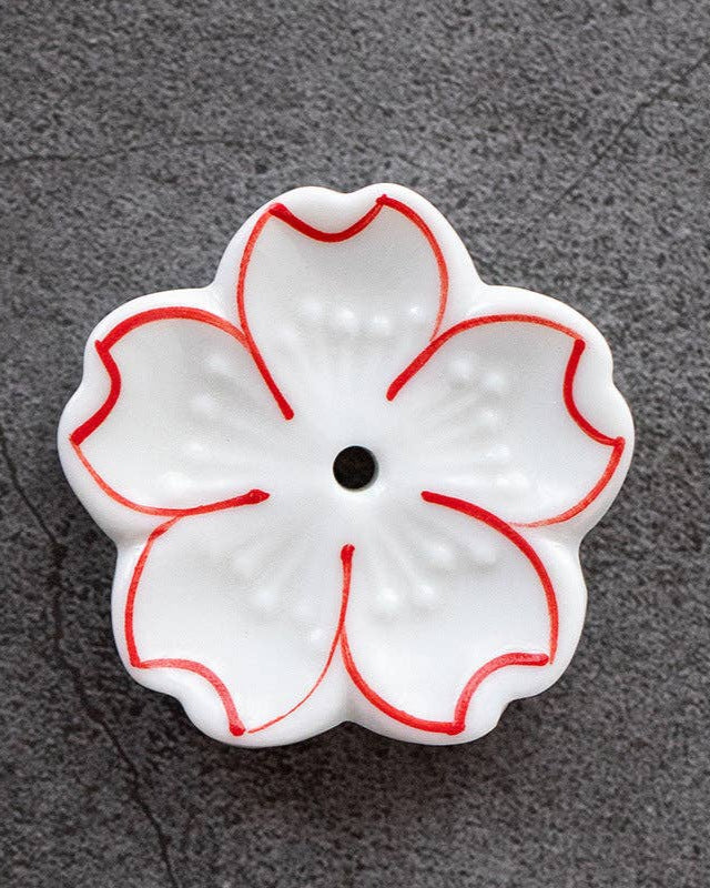 White & Red Handmade Ceramic Incense Holder - Small Flowers