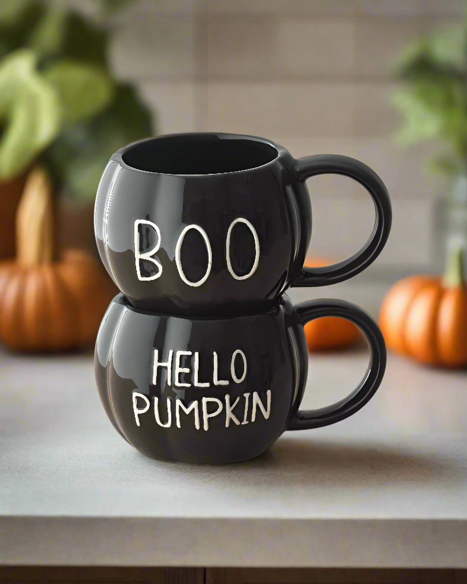 Black ceramic mug with a glossy finish and embossed “BOO” slogan. A fun addition to your autumn collection.