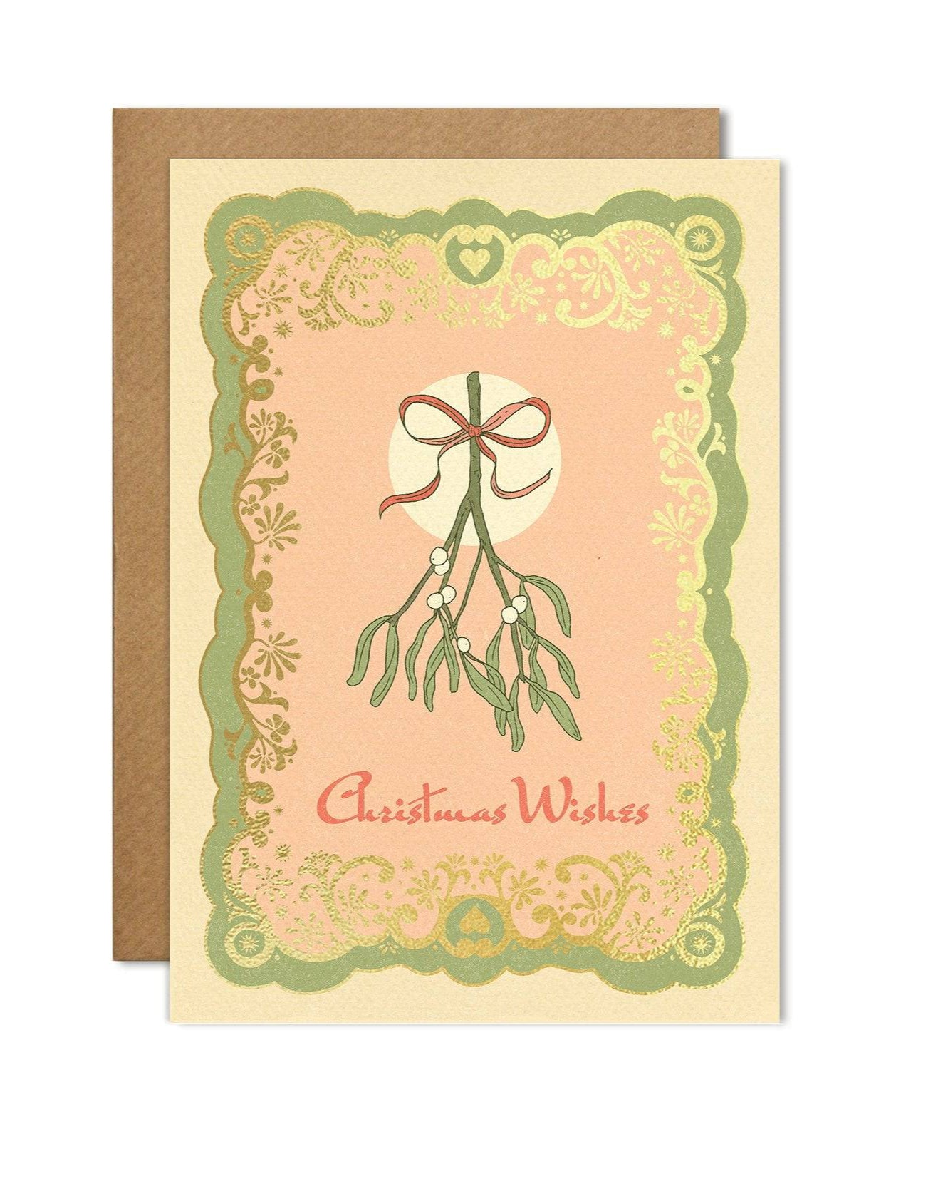 6 handmade eco-conscious card with a soft pink background, green mistletoe accents, and luxe gold foil. Includes a Kraft envelope and biodegradable cello wrap.