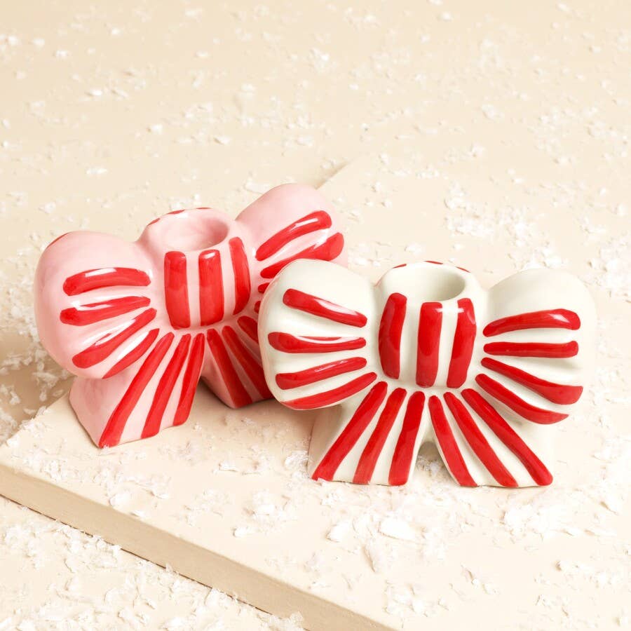 Striped Bow Ceramic Candle Holder