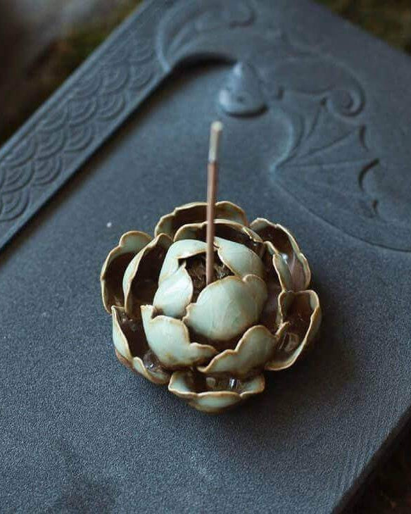 Handmade Green Lotus Incense Holder Ornament with Incense