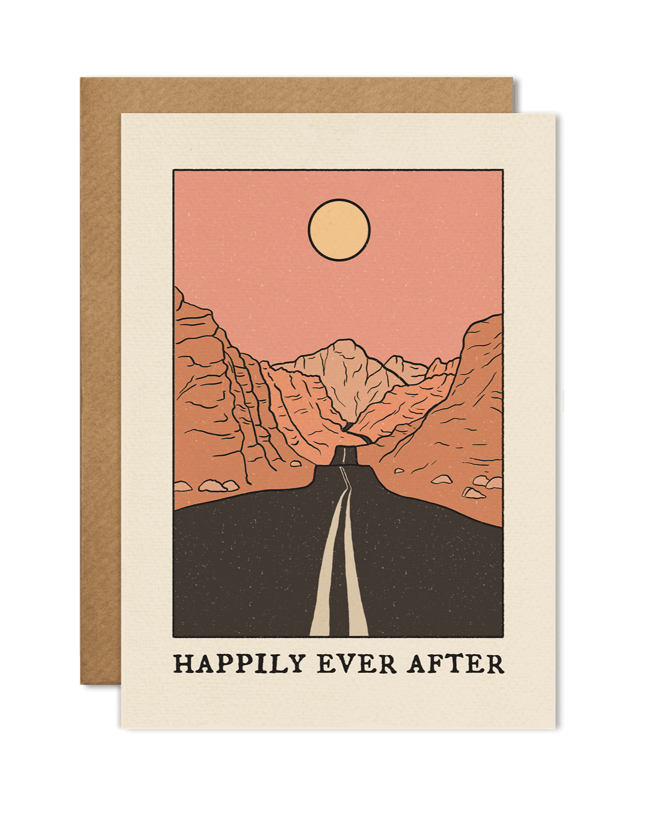 A6 eco-friendly card featuring a "Happily Ever After" message with a road winding through a mountain landscape. Perfect for anniversaries, Valentine&