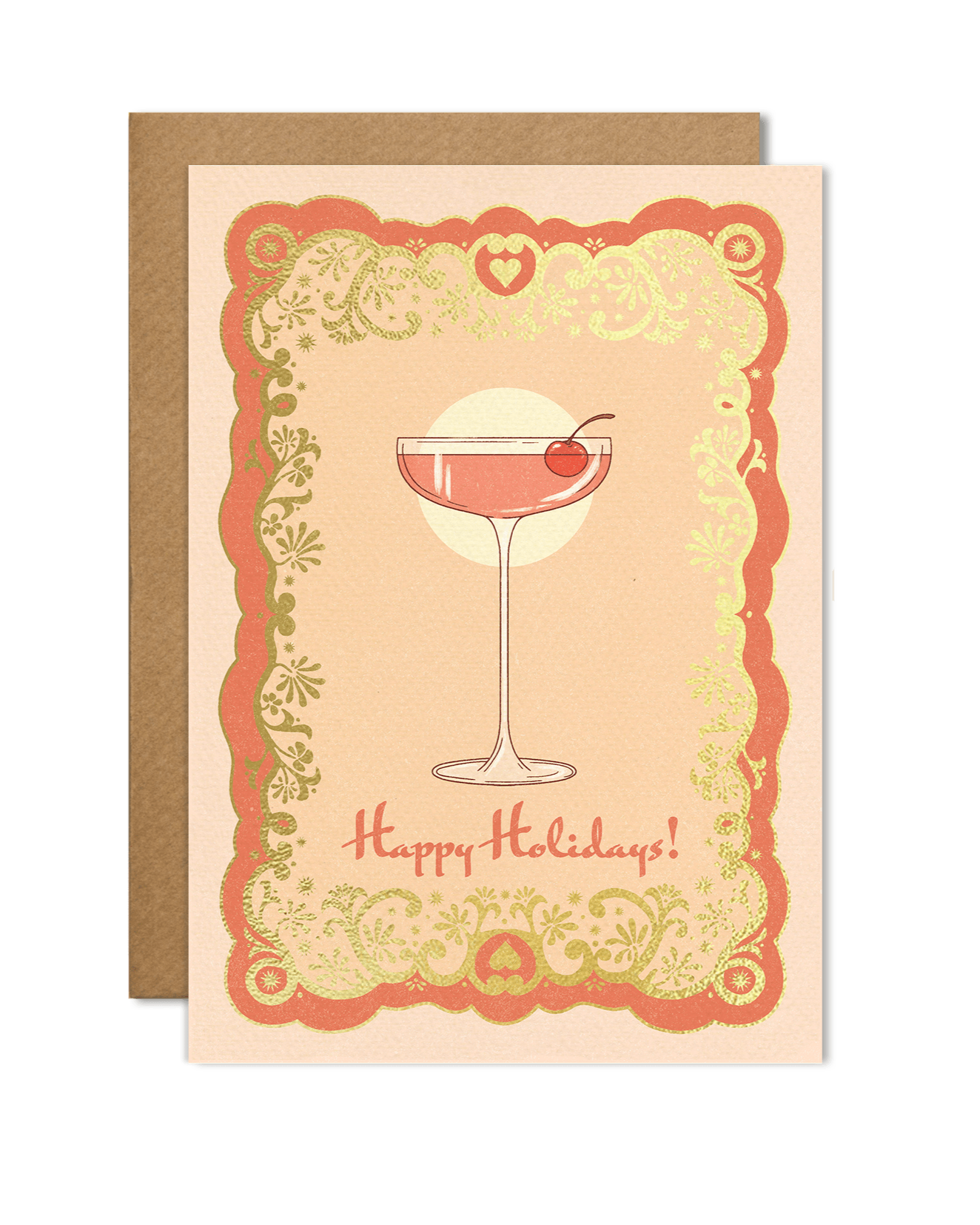 A6 handmade eco-conscious card in chic pink tones featuring a festive cocktail illustration with luxe gold foil. Includes a Kraft envelope and biodegradable cello wrap.