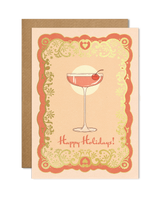 A6 handmade eco-conscious card in chic pink tones featuring a festive cocktail illustration with luxe gold foil. Includes a Kraft envelope and biodegradable cello wrap.