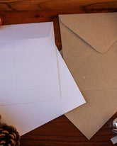 Square kraft and white envelopes, sustainable.