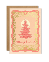 A6 handmade eco-conscious card with soft pink hues and luxe gold foil detailing, featuring a Christmas tree design. Includes a Kraft envelope and biodegradable cello wrap.