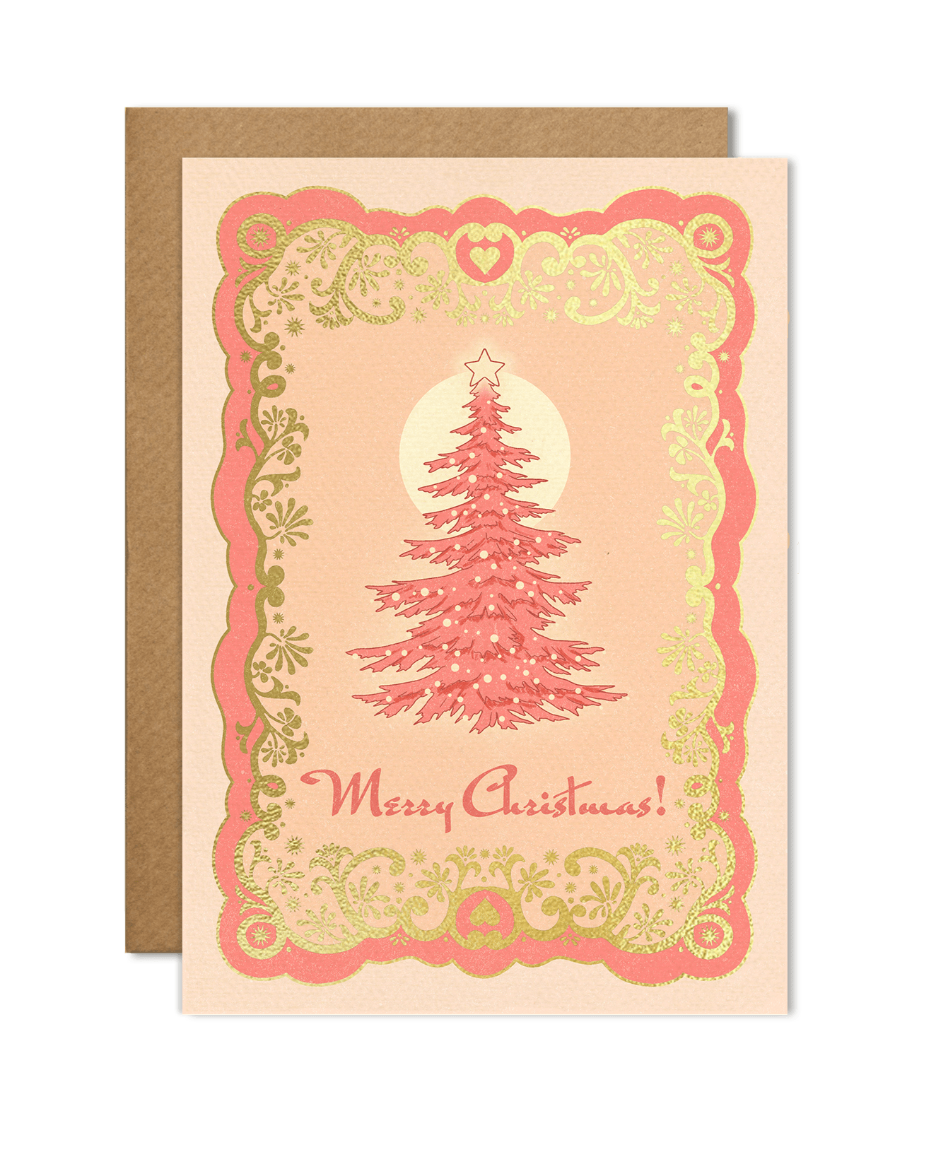 A6 handmade eco-conscious card with soft pink hues and luxe gold foil detailing, featuring a Christmas tree design. Includes a Kraft envelope and biodegradable cello wrap.