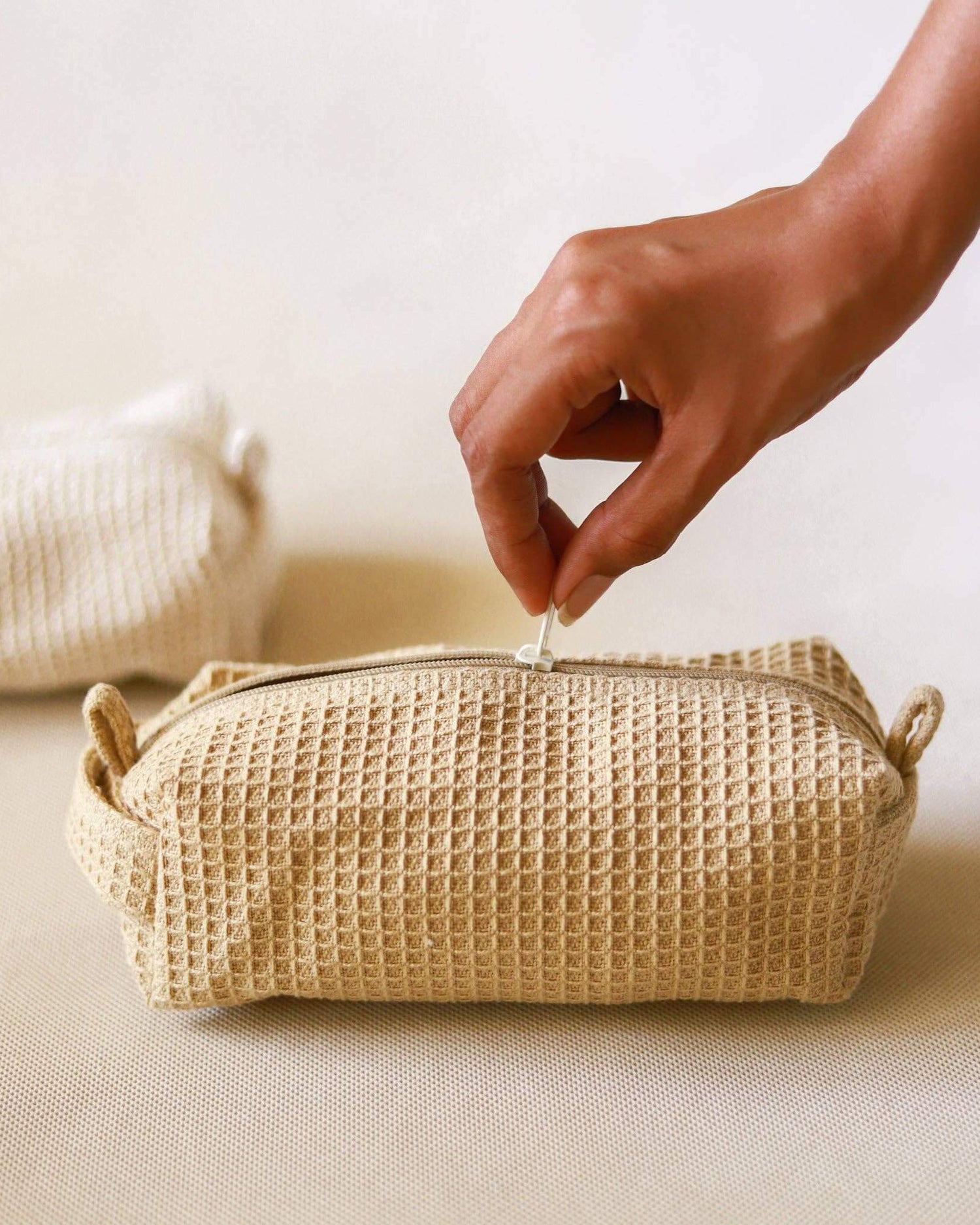 Handmade, eco-friendly Organic Toast Waffle Pouch crafted from organic fabric. Ideal for home décor or storage.