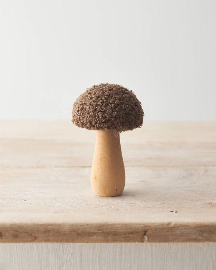 Set of three autumnal ornaments featuring sherpa fabric mushrooms with a natural, seasonal charm.