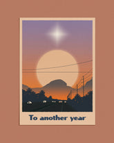 A6 eco-friendly card with "To Another Year" text, depicting a city and mountainscape. Ideal for anniversaries, birthdays, New Year&