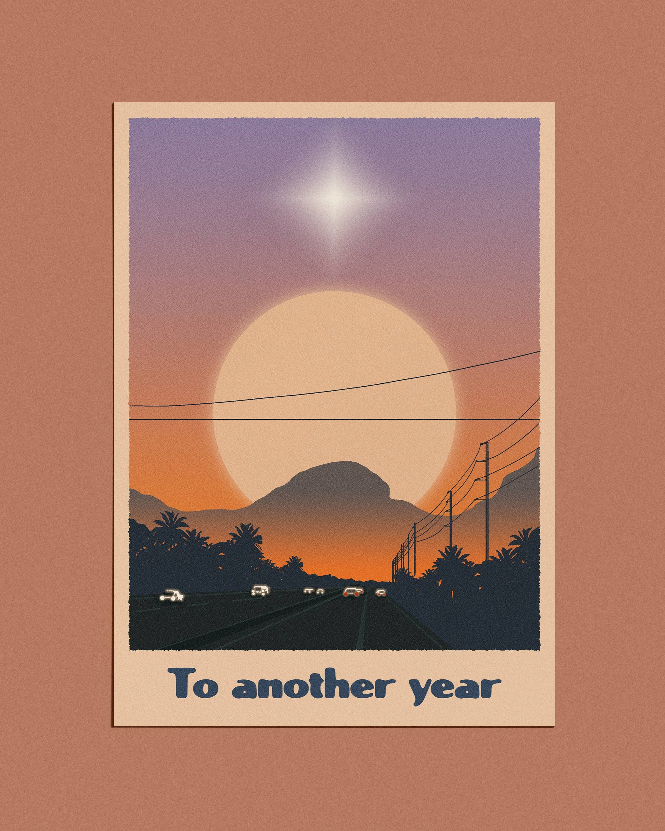A6 eco-friendly card with "To Another Year" text, depicting a city and mountainscape. Ideal for anniversaries, birthdays, New Year&