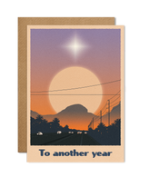 A6 eco-friendly card with "To Another Year" text, depicting a city and mountain scape. Ideal for anniversaries, birthdays, New Year&