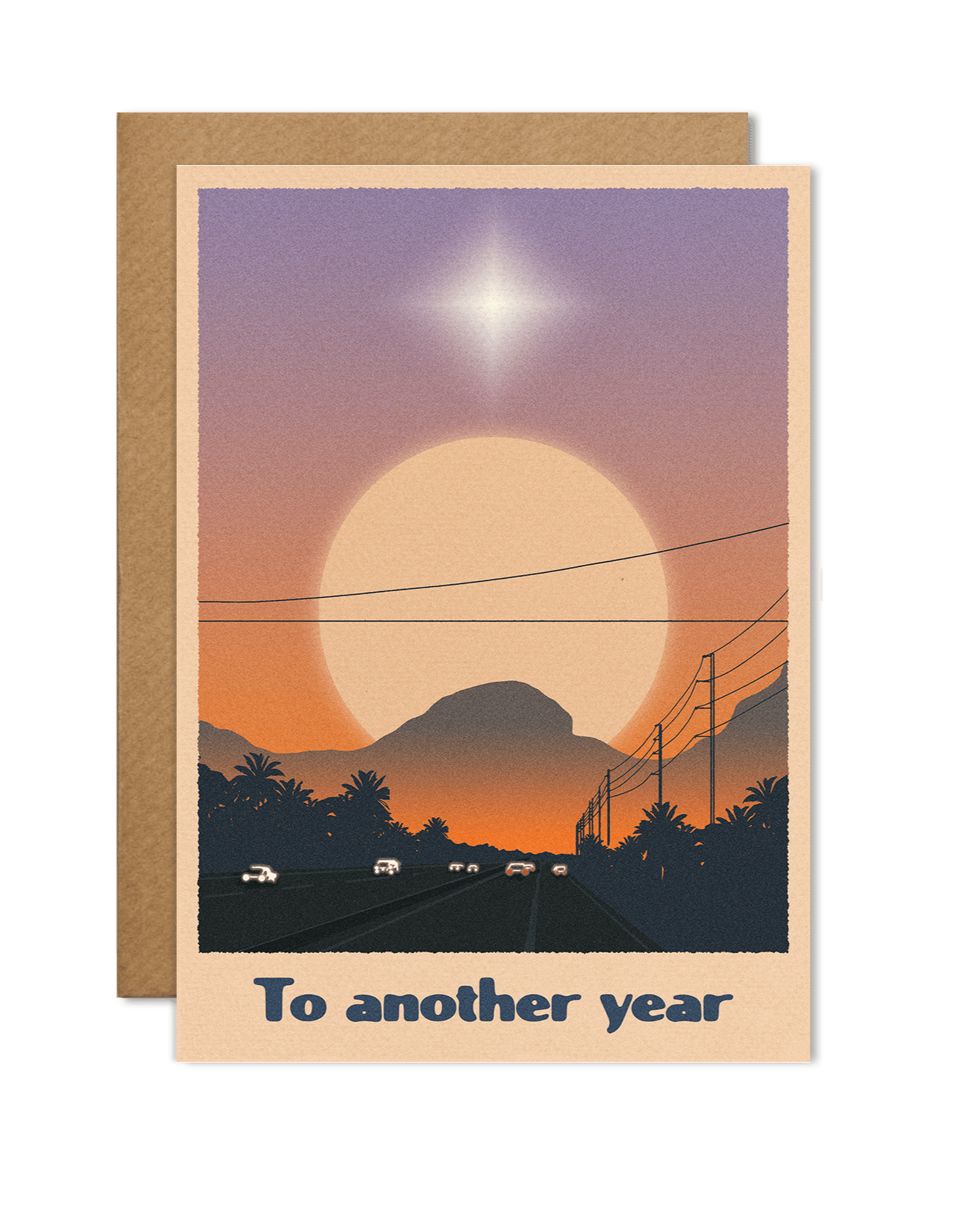 A6 eco-friendly card with "To Another Year" text, depicting a city and mountain scape. Ideal for anniversaries, birthdays, New Year&