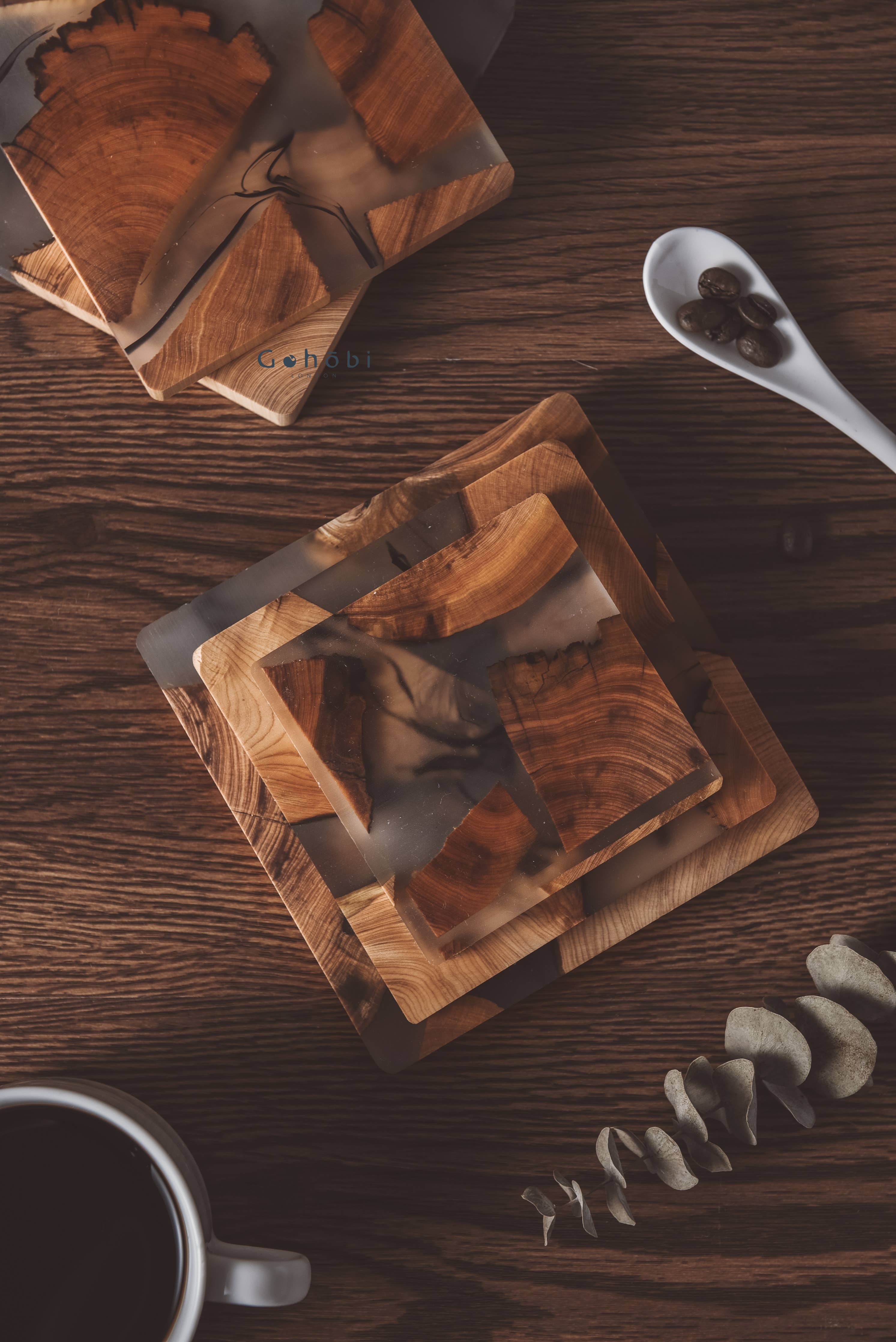 Handmade Cedar Wooden Resin Coaster on Table