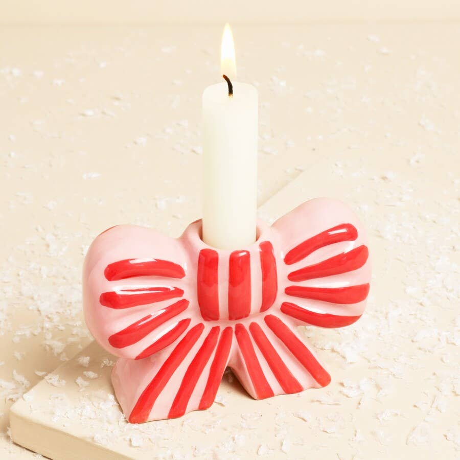 Striped Bow Ceramic Candle Holder