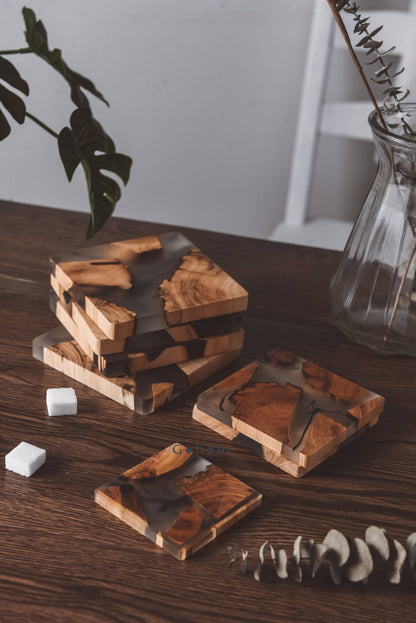 Handmade Rustic Cedar Wooden Resin Coaster on Table