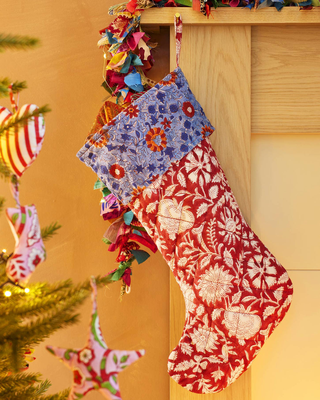 Colourful Christmas Stocking with floral block print pattern