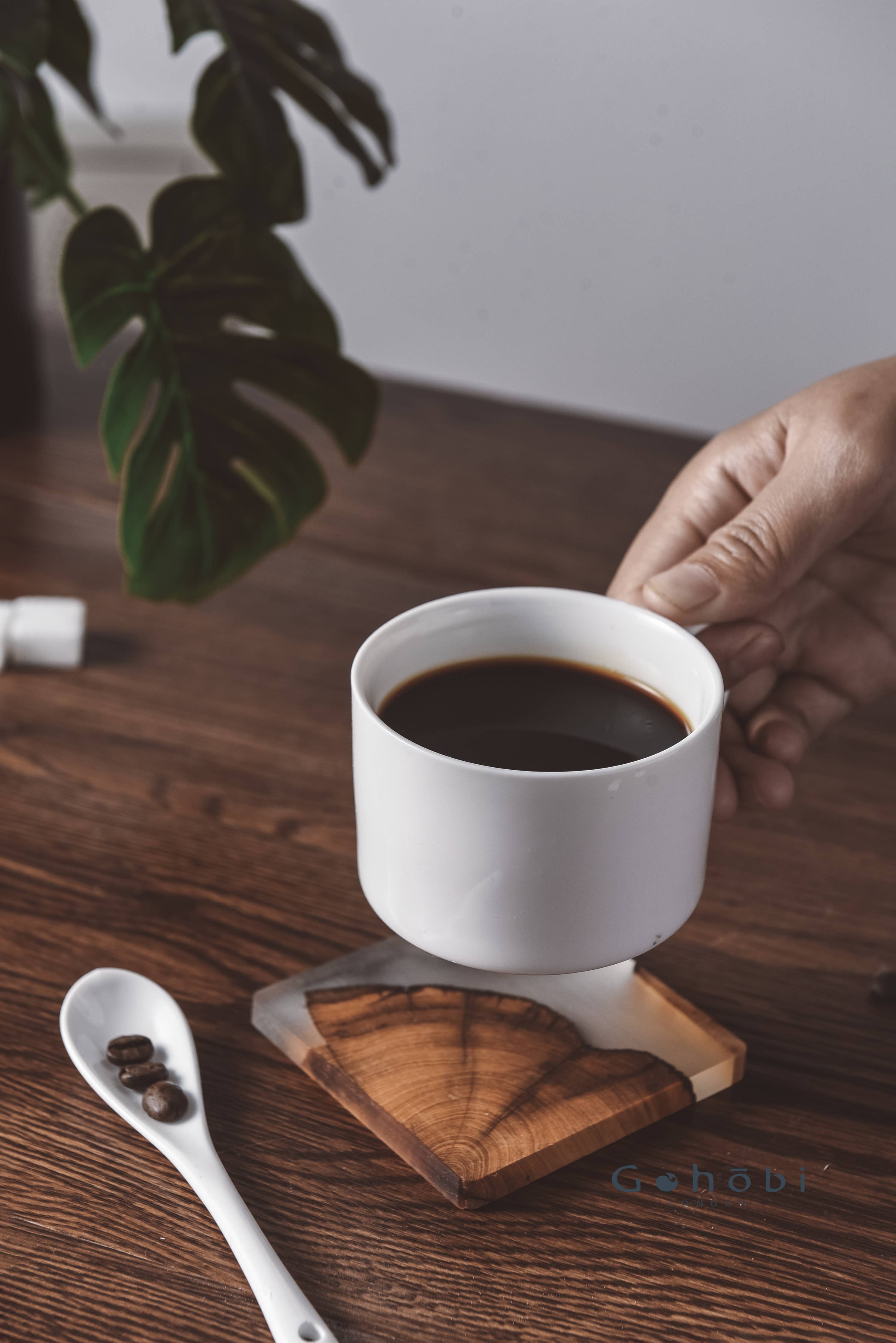 Handmade Cedar Wooden Resin Coaster on Table with Coffee