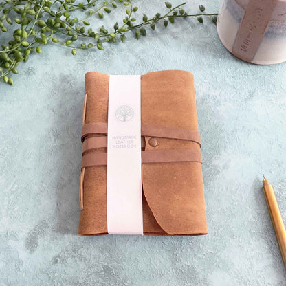 A6 Handmade Leather Notebook in Gift Bag - Tan - Benny and Mollie