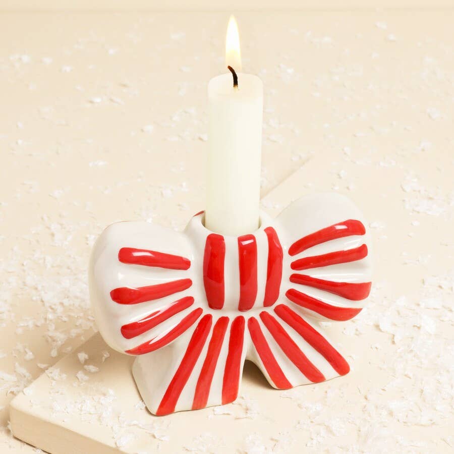 Striped Bow Ceramic Candle Holder