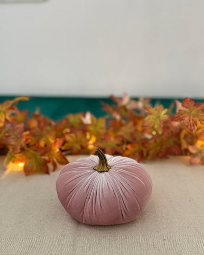 Pink velvet pumpkin on a neutral surface with autumn leaves in the background