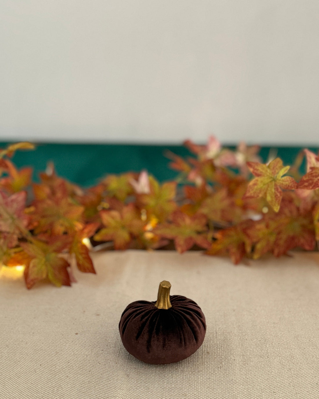 Small brown decorative pumpkin on a table with autumn leaves in the background