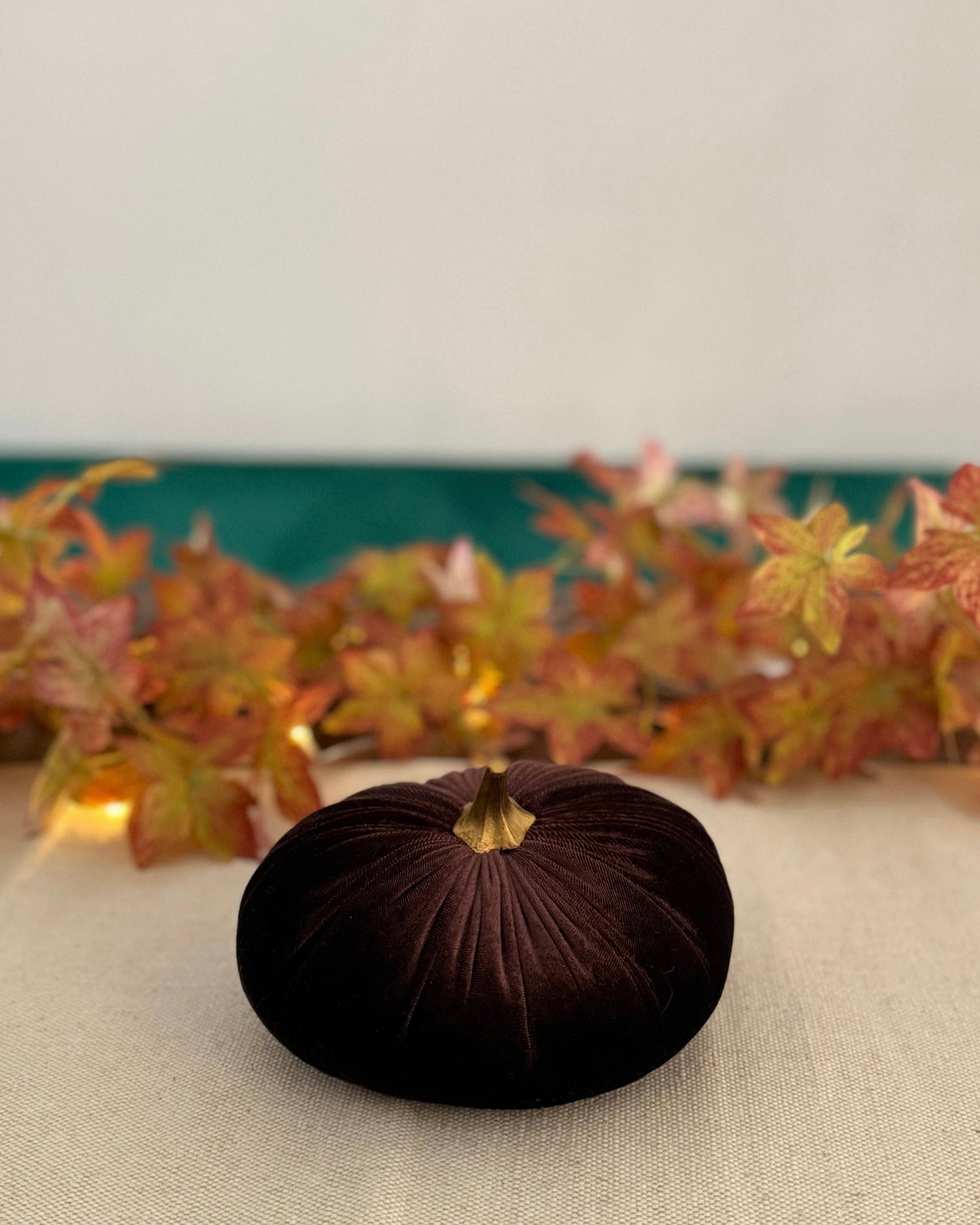 Brown velvet pumpkin on a beige surface with autumn leaves in the background