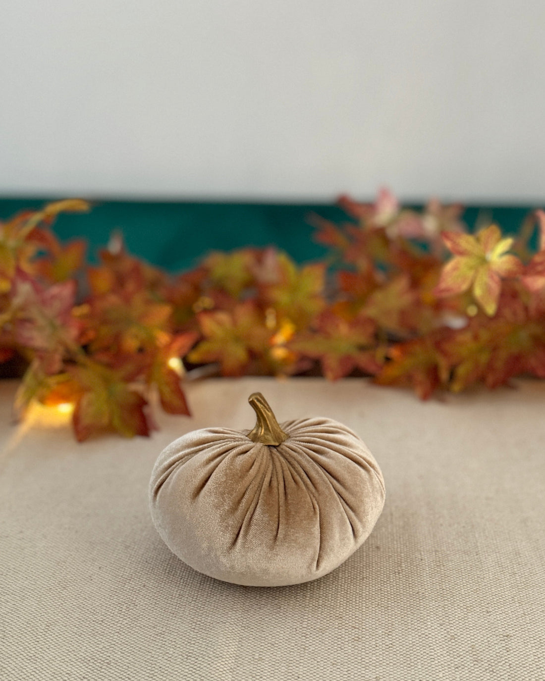 Small beige pumpkin on a textured surface with autumn leaves in the background