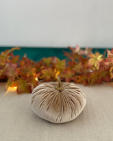 Beige fabric pumpkin on a table with autumn leaves in the background