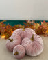 Pink velvet pumpkins on a table with autumn leaves in the background