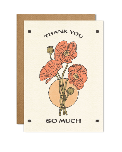 A6 eco-friendly thank-you card with &quot;Thank You So Much&quot; and three orange flowers. Perfect for expressing gratitude, appreciation, or Teacher&